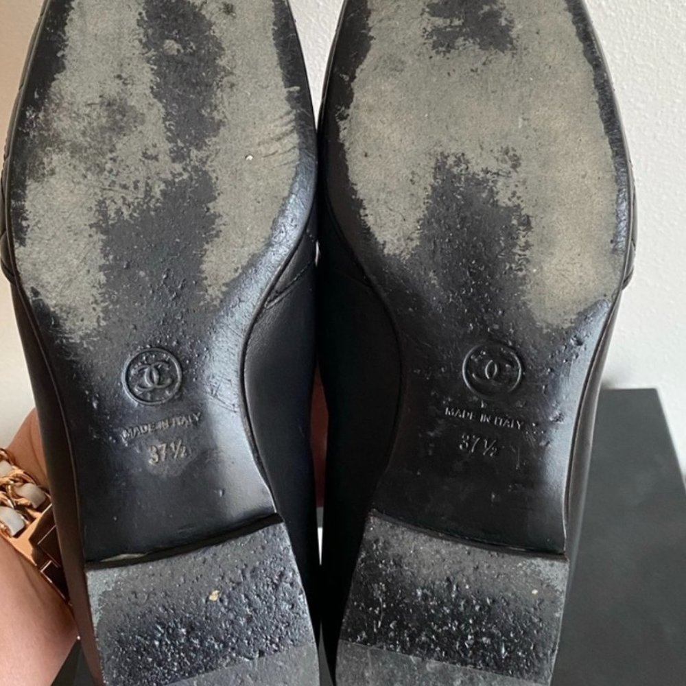 CHANEL Black Lambskin Quilted Leather Loafers Silver CC 37.5 7 7.5 Shoes Box - Picture 9 of 12